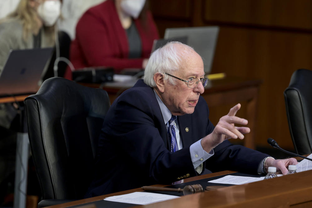 Senate Budget Committee Chairman Bernie Sanders speaks during a committee hearing in the Hart Senate Office building on February 17, 2022 in Washington, DC.