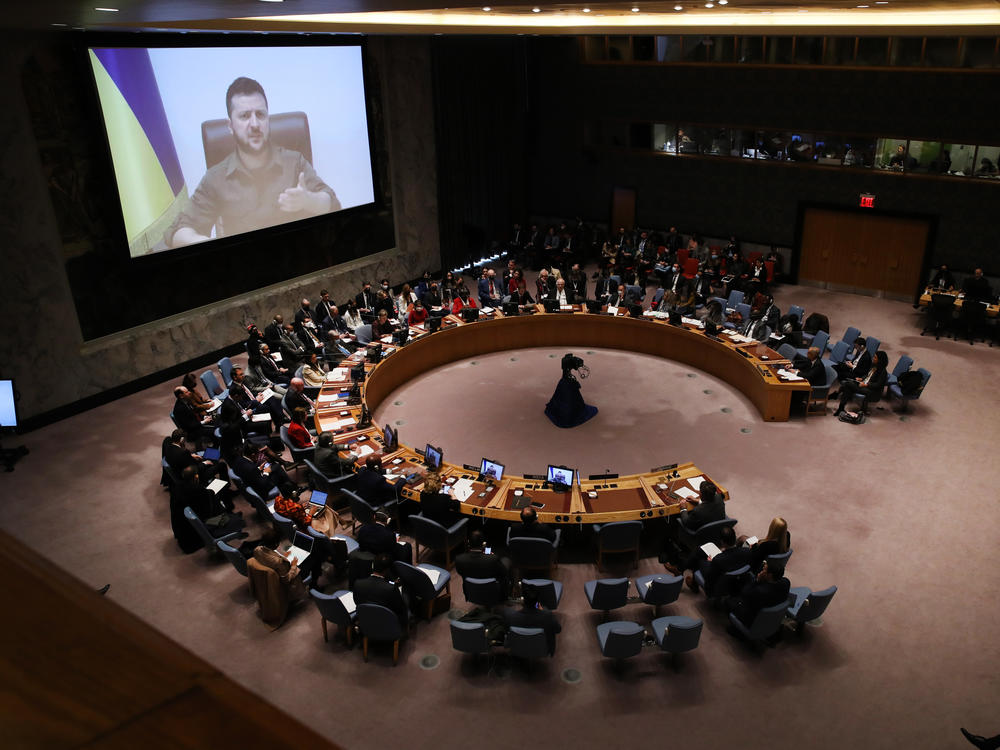 Ukrainian President Volodymyr Zelenskyy addresses the United Nations Security Council via video link on Tuesday in New York City.