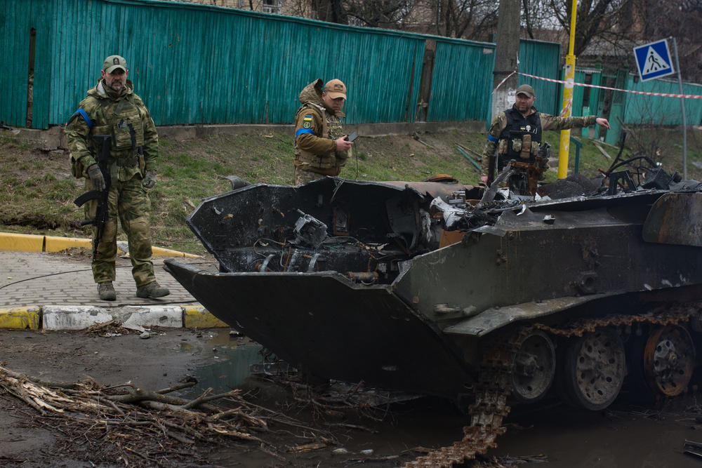 The streets of Bucha are filled with evidence of the fighting, from tiny bits of ash and shrapnel up through massive burned out tanks.
