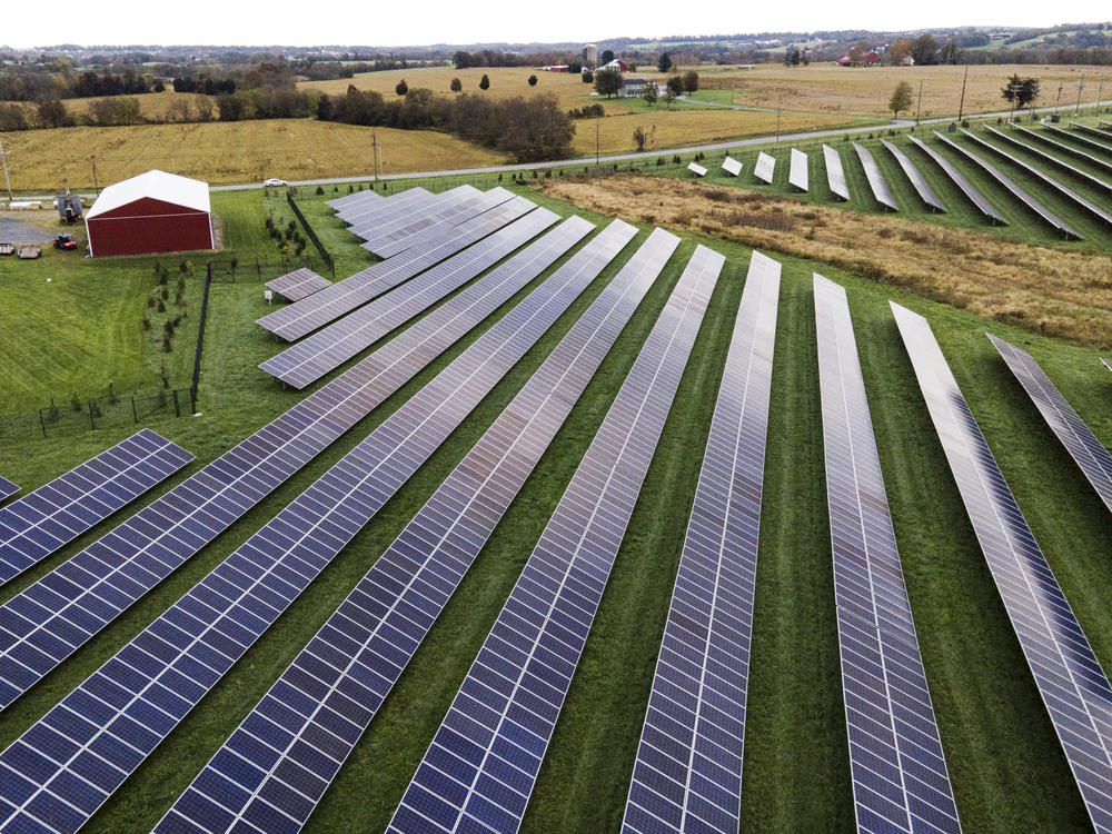 Farmland is seen with standard solar panels from Cypress Creek Renewables, Oct. 28, 2021, in Thurmont, Md.