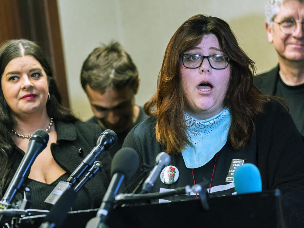 Anti-abortion activist Lauren Handy speaks during a news conference in Washington, D.C., on Tuesday. The anti-abortion group Progressive Anti-Abortion Uprising says it took 115 fetuses from a medical waste truck.