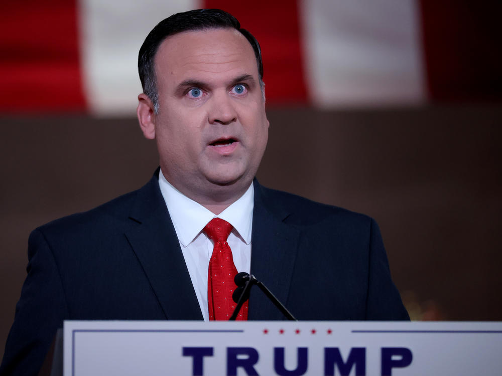 Then-White House Deputy Chief of Staff for Communications Dan Scavino delivers a recorded address for the Republican National Convention on Aug. 26, 2020, in the empty Mellon Auditorium in Washington, D.C.