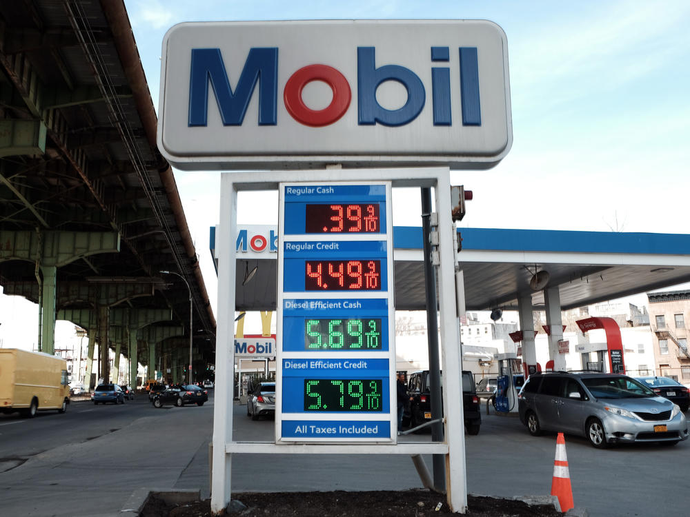 Gas prices are displayed at a gas station in Brooklyn on March 8.