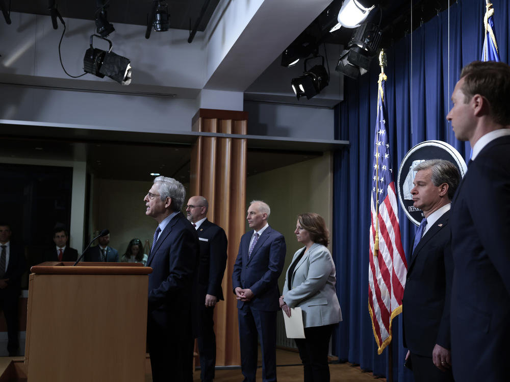 U.S. Attorney General Merrick Garland speaks during a press conference at the U.S. Justice Department on April 06, 2022 in Washington, DC. He tested positive for COVID-19 within hours of making remarks.
