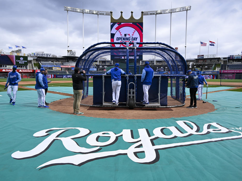 The Kansas City Royals take batting practice before their opening day game against the Cleveland Guardians on Thursday in Kansas City, Mo.