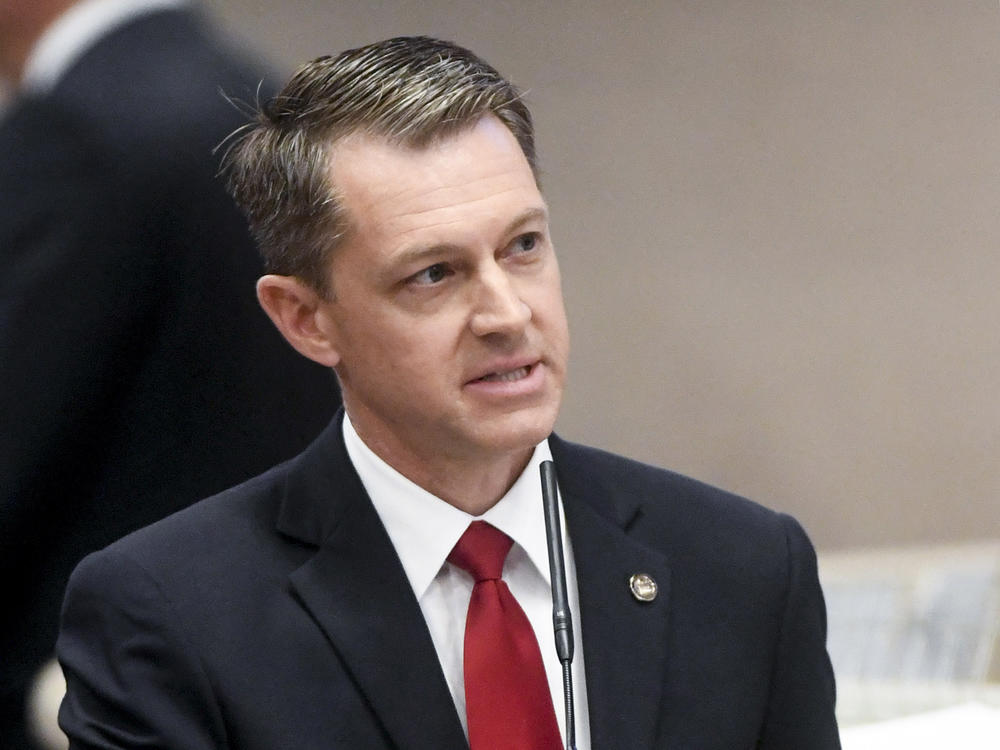 Rep. Wes Allen, sponsor of the House version of the bill, speaks during debate at the Alabama Statehouse in Montgomery on Thursday.