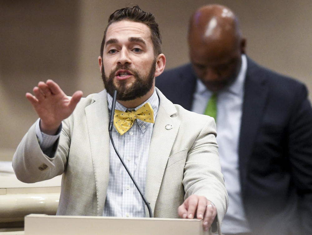 Rep. Neil Rafferty speaks during a debate on transgender bills in the Alabama House chamber on Thursday.