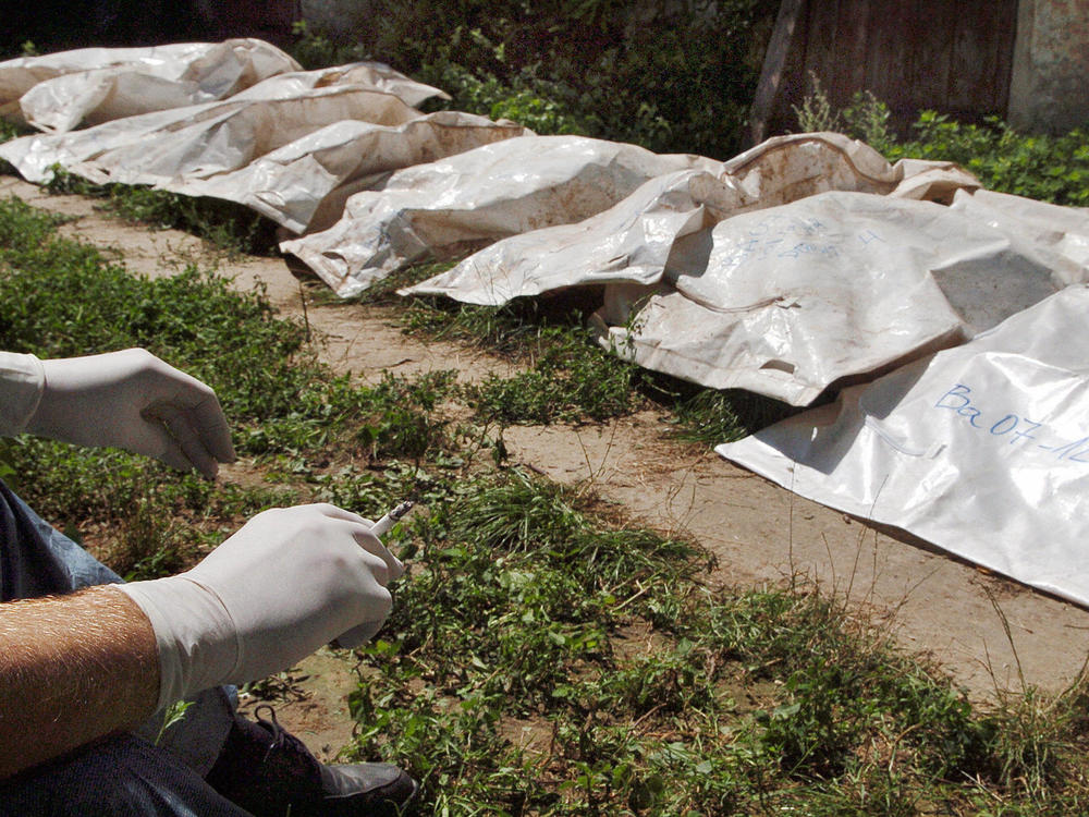 Body bags with the remains of Kosovo Albanians buried in mass graves in Serbia in 1999 lay in Batajnica near Belgrade in August 2005 prior to being returned to Kosovo.