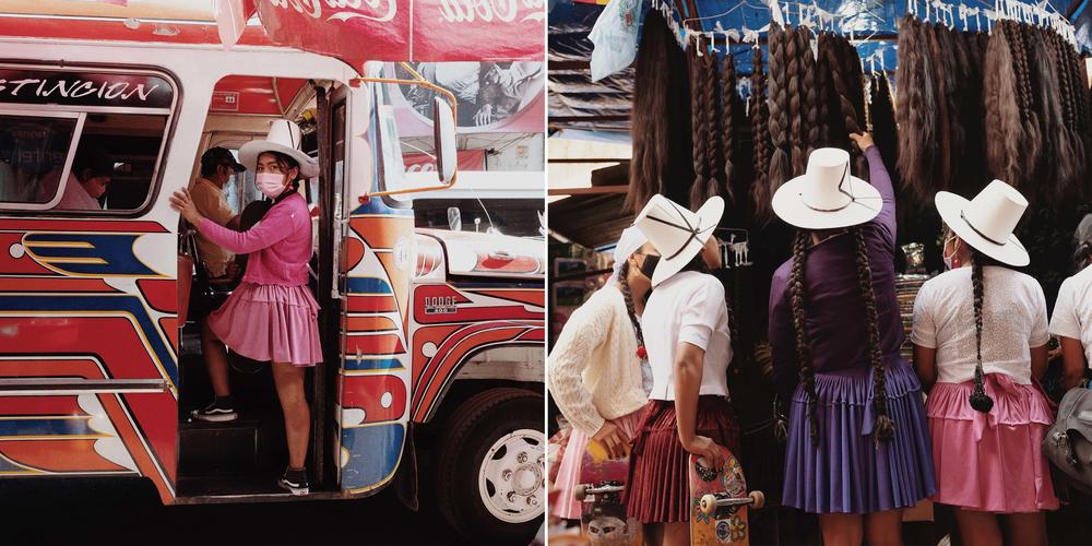 Left: Skater Miriam Estefanny Morales, 23, at La Cancha market in the city of Cochabamba. In addition to the <em>pollera </em>skirt, she wears a traditional hat as part of the Indigenous women's attire. Right: Members of the crew look at braided hair extensions at La Cancha market.