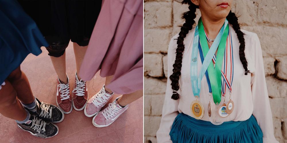 Left: ImillaSkate athletes show off their matching sneakers. Right: Deysi Tacuri Lopez wears the medals she won from skate competitions in Chile and Bolivia. She started skating 7 years ago.