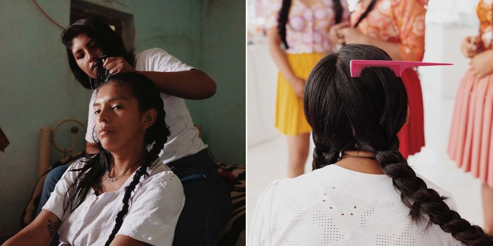 Left: Deysi Tacuri Lopez, 27, gets her hair styled by Joselin Brenda Mamani Tinta. Traditionally, Indigenous women in Bolivia wear their hair in two long plaits. Right: A detail of the hairstyle. 