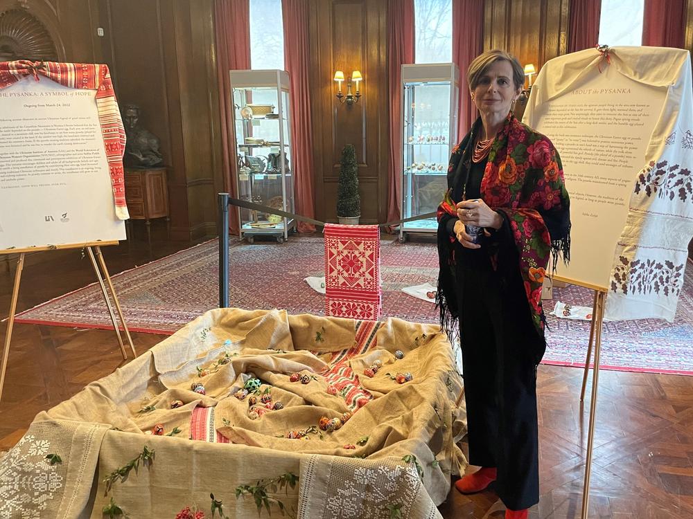 Artist and ethnographer Sofika Zielyk with her nascent installation of <em>pysanky</em> at the Ukrainian Institute of America in New York on Apr. 1.