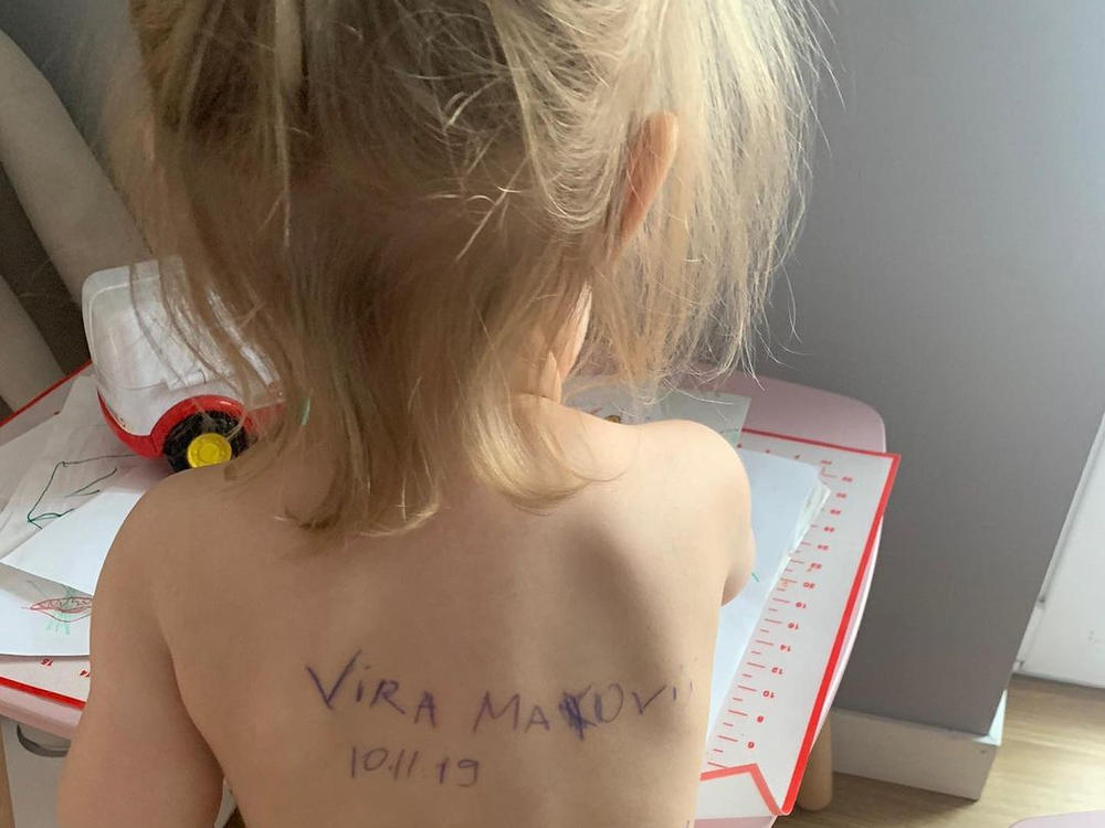 Aleksandra Makoviy said she isn't the only Ukrainian mother to write emergency contact info on their children since the war began.