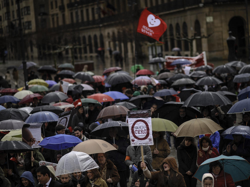 A teenager from the Right to Live Platform (bottom) holds a banner which reads: ''Abortion Zero'' as she takes part in a demonstration in Pamplona, Spain, on March 23, 2014. Spain is awaiting the publication in coming days of a new law banning the intimidation or harassment of women entering abortion clinics.