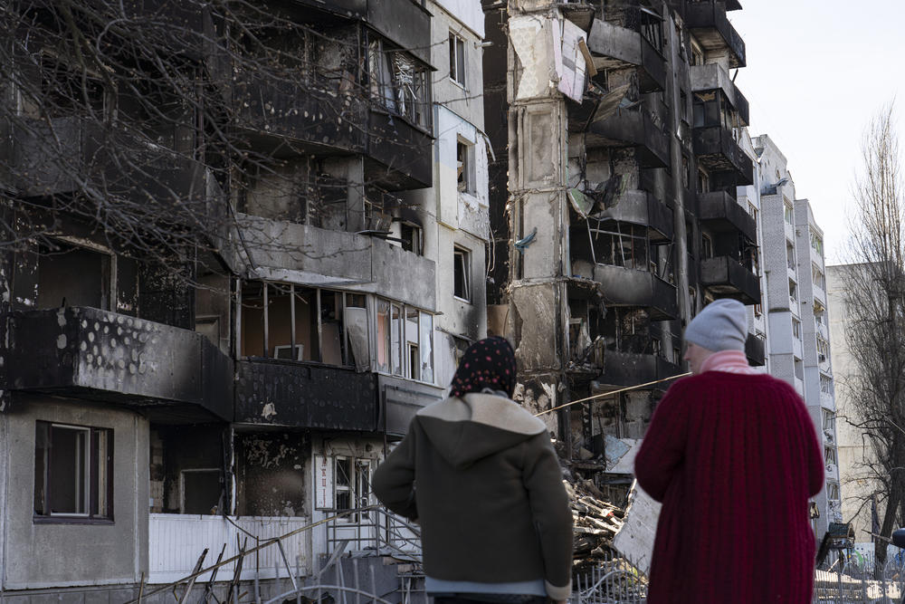 Apartment complexes burned and blackened by flames from bombing in Borodyanka, northwest of Kyiv