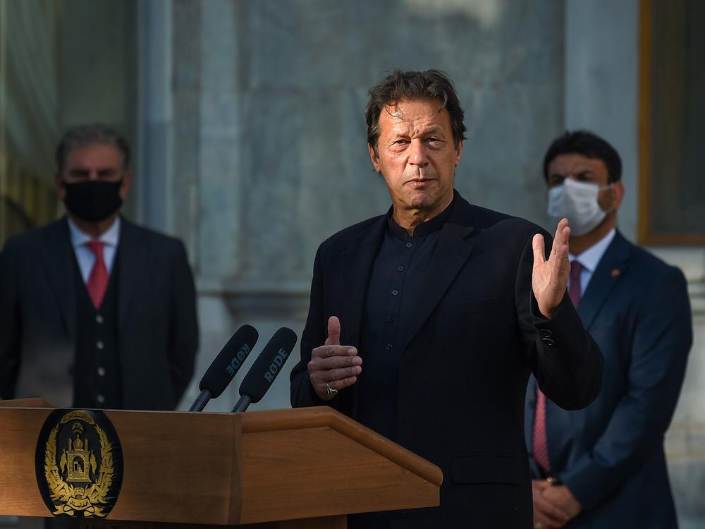 Pakistan's Prime Minister Imran Khan speaks during a joint news conference with Afghan president at the Presidential Palace in Kabul in 2020.