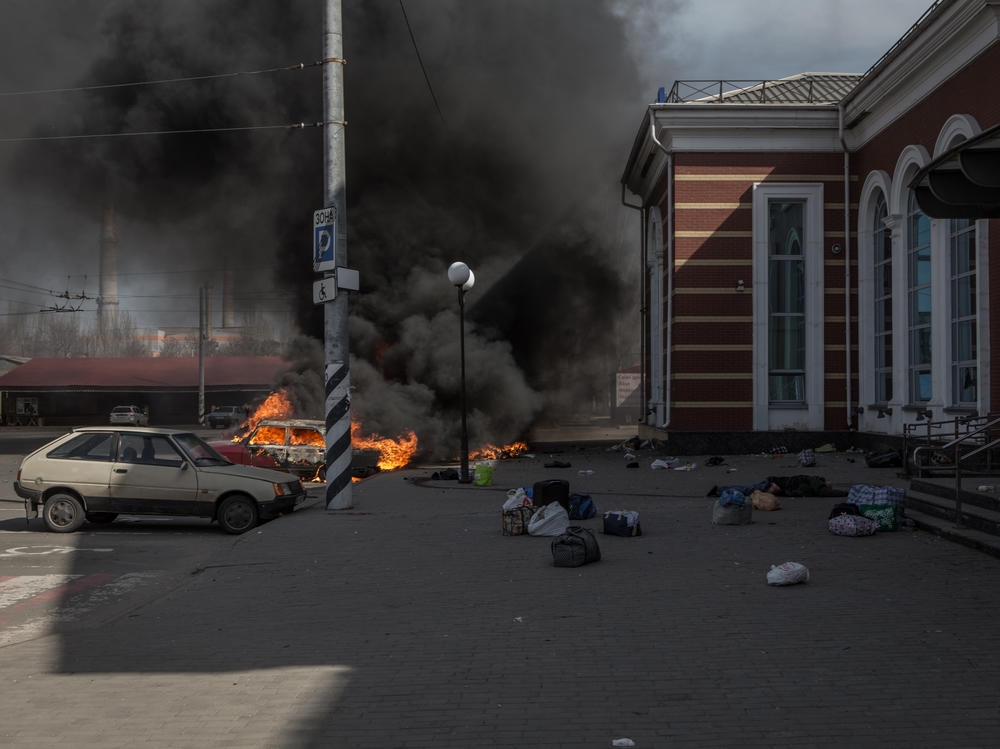 A view of the scene after a missile strike on a railway station on Friday in Kramatorsk, eastern Ukraine. At least 50 people were killed, according to Ukrainian officials who accused Russia of attacking a key evacuation hub.