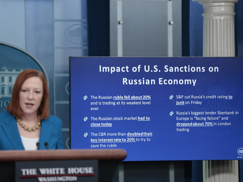 White House Press Secretary Jen Psaki explained the impacts of U.S. sanctions against Russia in Washington, D.C., in February. The latest round of sanctions targeted Russian a warship manufacturing corporation and Russia's largest diamond mining company.