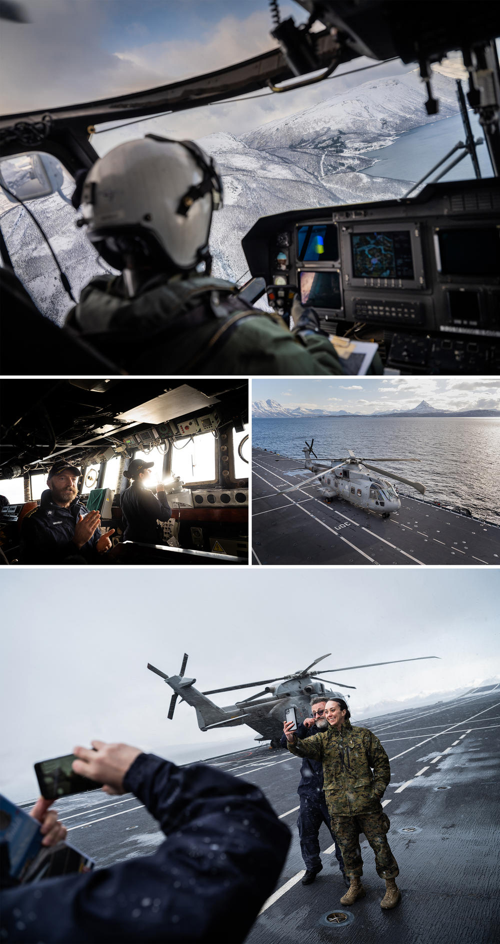 Top: A helicopter from Bjerkvik, Norway, flies en route to land on an aircraft carrier at sea. Middle left: The ship's captain, Marcello Grivelli, and STV Caterina Massaro in the bridge of the carrier. Bottom: Grivelli takes a selfie on the flight deck with U.S. Marine Corps 1st Lt. Stephanie Baer, in a sudden snowstorm.