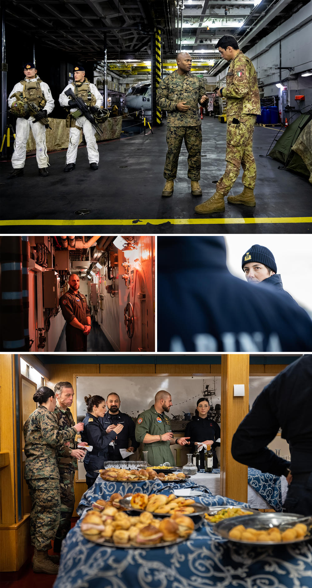 US General Anthony Henderson, top, aboard the aircraft carrier where hundreds of Italian sailors hosted US Marines.