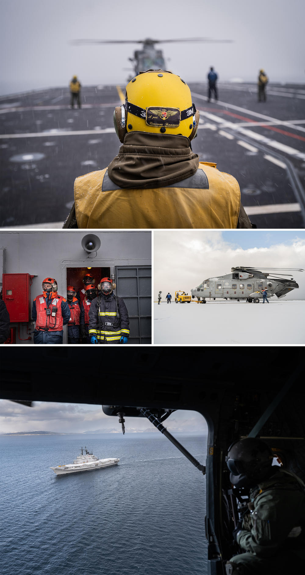 Crew aboard the Italian aircraft carrier <em>Giuseppe Garibaldi, </em>prepared a helicopter for take off in blizzard conditions.