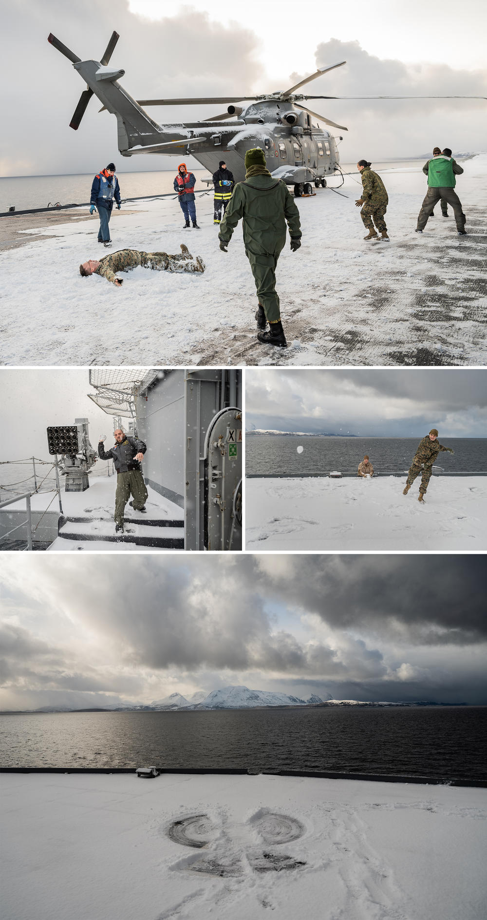 With flights paused due to a sudden white-out blizzard, Italian and American troops started a snowball fight aboard the <em>Giuseppe Garibaldi.</em>