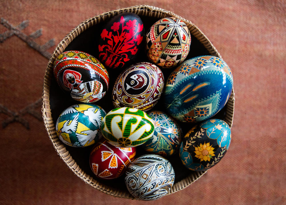 A basket of pysanky made by volunteers for Pysanky for Peace — from intricately decorated chicken eggs to goose eggs.
