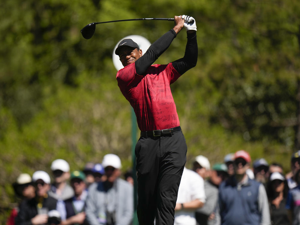 Tiger Woods tees off on the fifth hole during the final round at the Masters golf tournament on Sunday in Augusta, Ga.