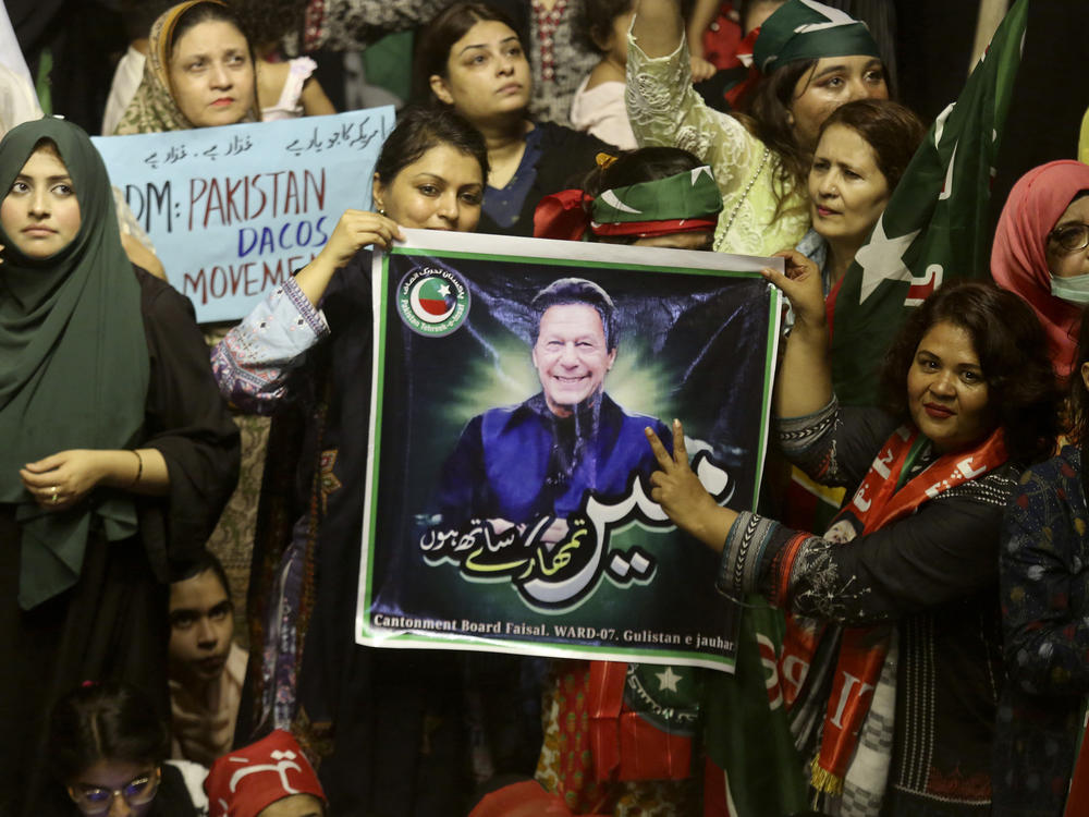 Supporters of deposed Prime Minister Imran Khan's party participate in a rally to condemn the ouster of their leader's government, in Karachi, Pakistan, on Sunday, April 10, 2022.