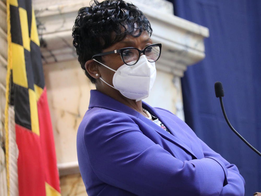 Maryland House Speaker Adrienne Jones, a Democrat, listens to debate on April 9, 2022, before lawmakers voted to override Republican Gov. Larry Hogan's veto of a measure to expand abortion access in the state.