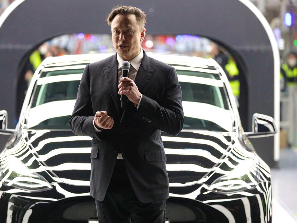 Tesla CEO Elon Musk speaks during the official opening of the new Tesla electric car manufacturing plant on March 22, 2022 near Gruenheide, Germany.
