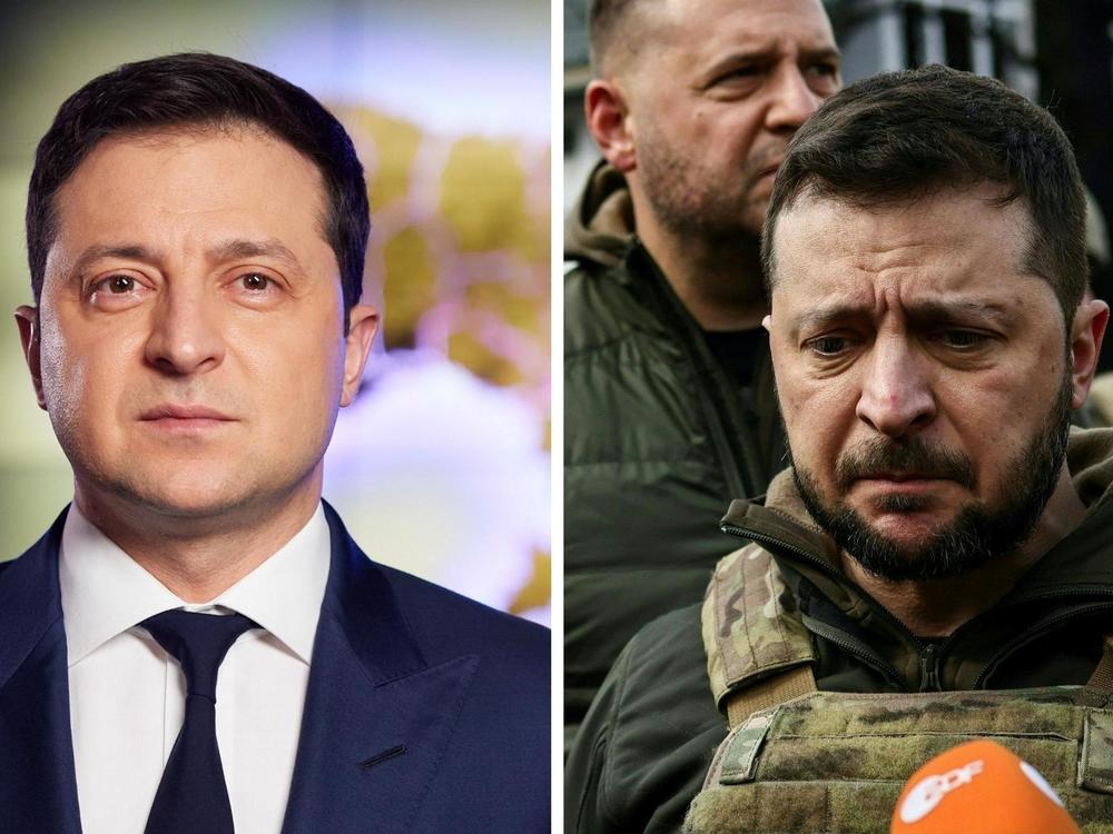 Left: Ukrainian President Volodymyr Zelenskyy on Feb. 22. Right: Zelenskyy on April 4.