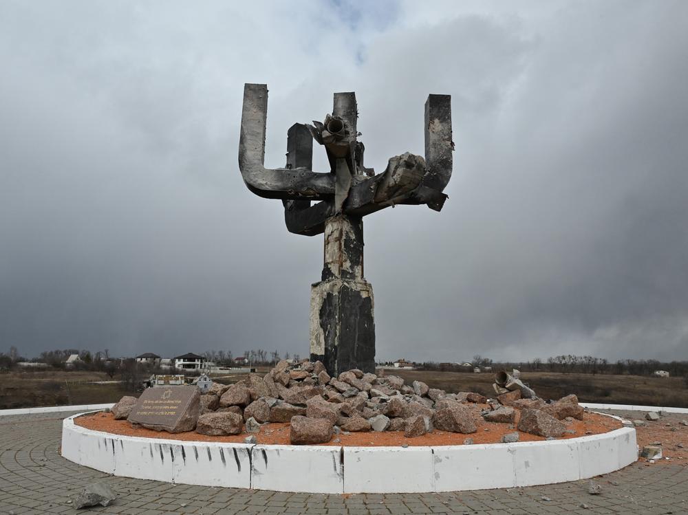 A menorah memorial at the entrance of the Drobitsky Yar Holocaust memorial outside Kharkiv, Ukraine, was damaged in Russian shelling last month.
