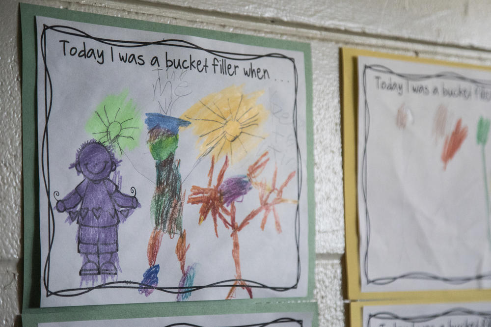 Student artwork adorns the walls of Heather Carll's special education classroom in Pearl City.