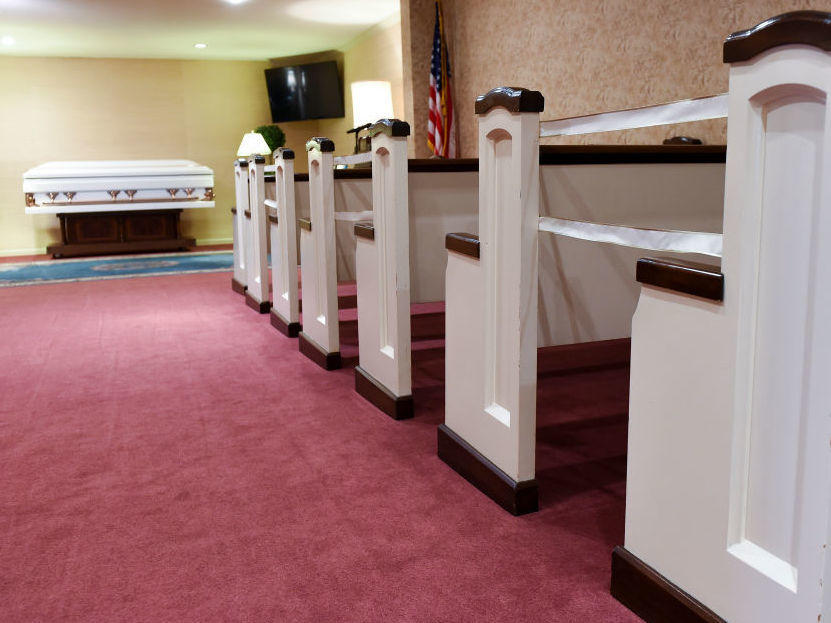 Pews were marked off to encourage social distancing at a funeral home in Temple, Penn., in March of 2021, around the time the Delta variant began to take hold in the United States.