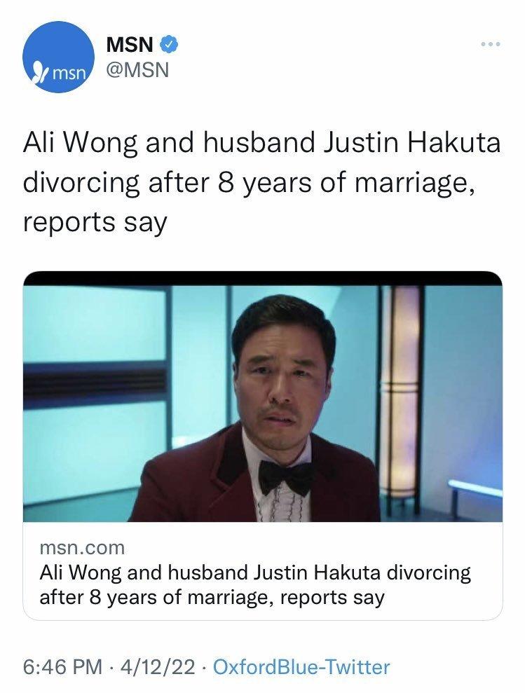 MSN ran a photo featuring only Randall Park in its story about the end of Ali Wong's eight-year marriage to Justin Hakuta.