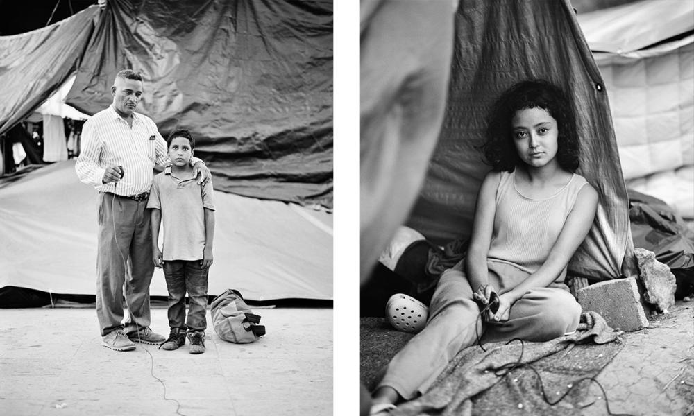 Left: Edwardo Benavides and his son Jonathon Benavides Reyes are migrants from La Unión, El Salvador. They took this portrait at an informal migrant camp in the border city of Reynosa, Mexico. Right: Stephanie Solano, 17, from Zacapa, Guatemala takes a portrait of herself at the camp in Reynosa.