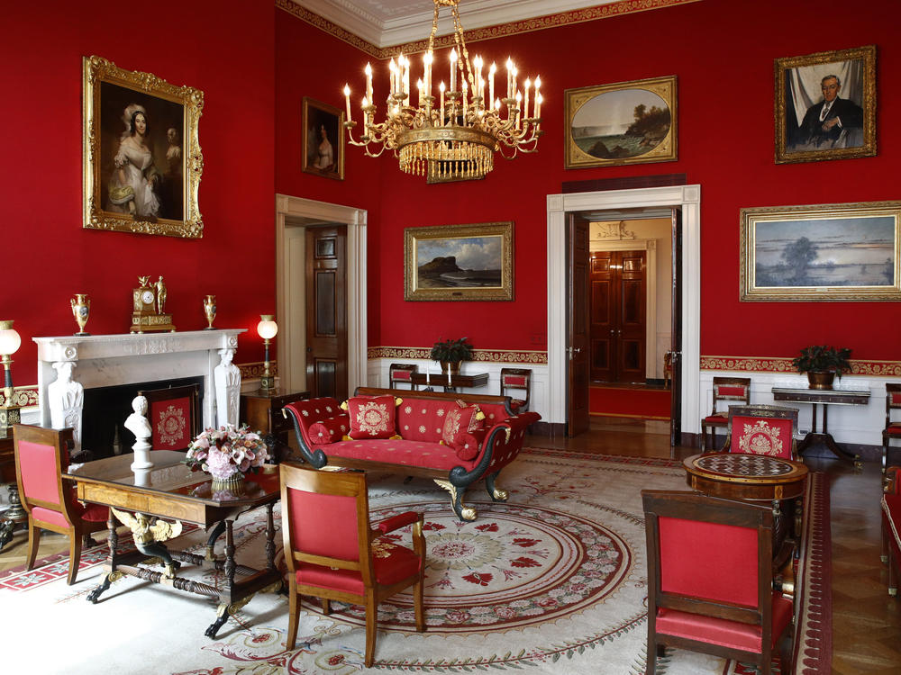 Refreshed wall fabric brightens the Red Room in September 2019.