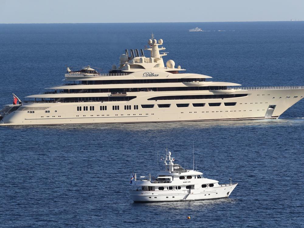 The luxury superyacht Dilbar sails off the coast of Monaco in 2017.