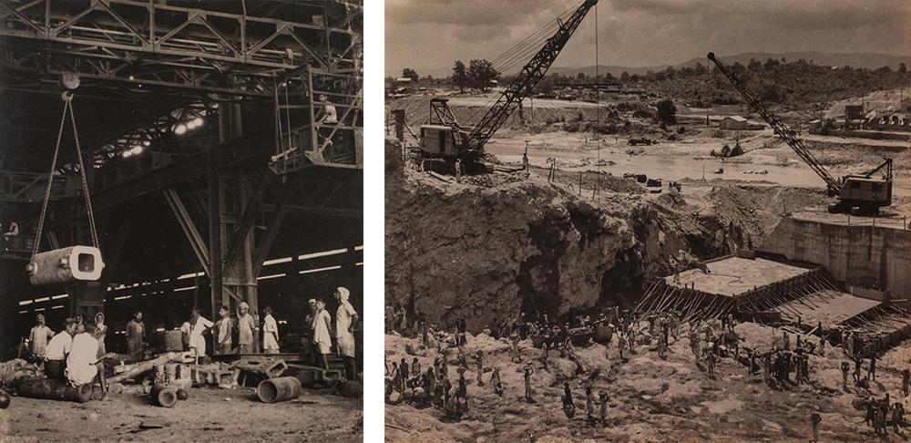 Left: Buildings going up in India as part of a massive construction effort after independence. Right: The Konar Dam under construction in Jharkhand, India. Both photos are circa 1948.