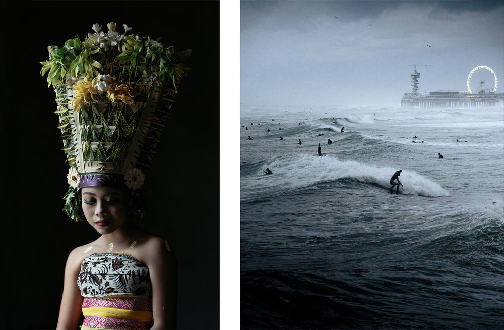 Left: A woman in Bali wears a headpiece made of flowers and leaves. Right: Surfers go for an evening ride at a beach by The Hague, Netherlands.