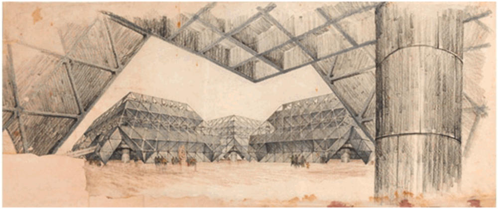 A pencil drawing, circa 1970, of the Hall of Nations and Halls of Industries in New Delhi, India.