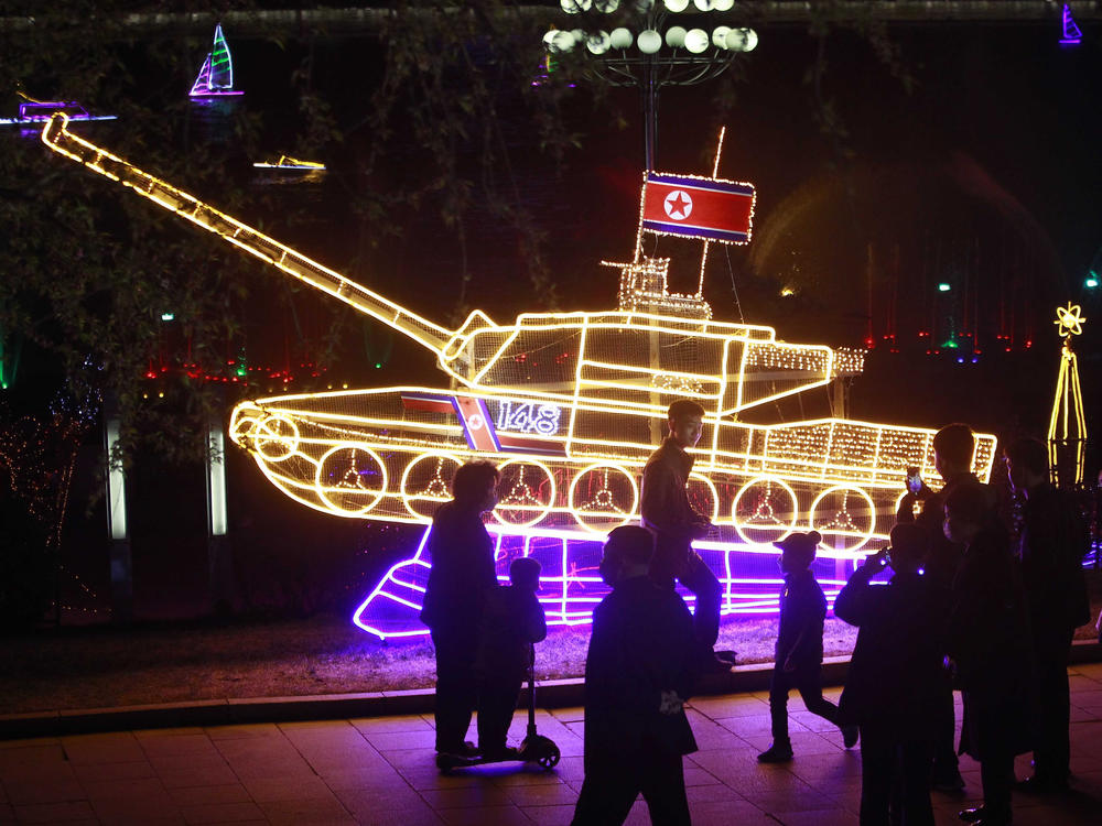 Citizens visit a light festival in celebration of 110th birth anniversary of their late leader Kim Il Sung at Kim Il Sung Square in Pyongyang, North Korea Thursday, April 14, 2022.