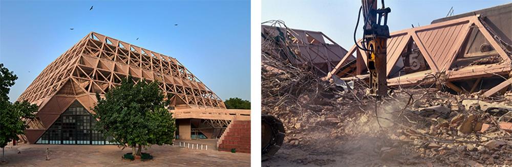 Left: The Hall of Nations in New Delhi, 2015. The building was demolished in 2017 by the India Trade Promotion Organization so it could replace it with an exhibition center.