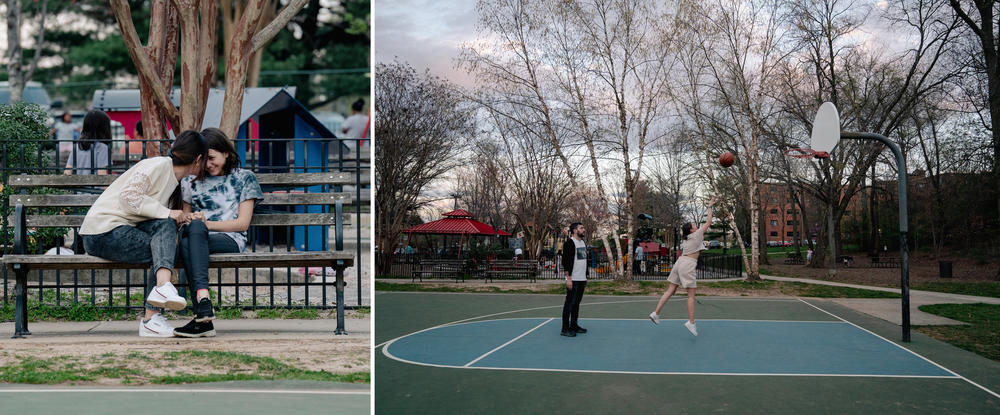 Left: Eka Koliubaieva talks to younger daughter Amira at Penrose Park in Arlington. Right: Erika plays basketball with her father at the park.