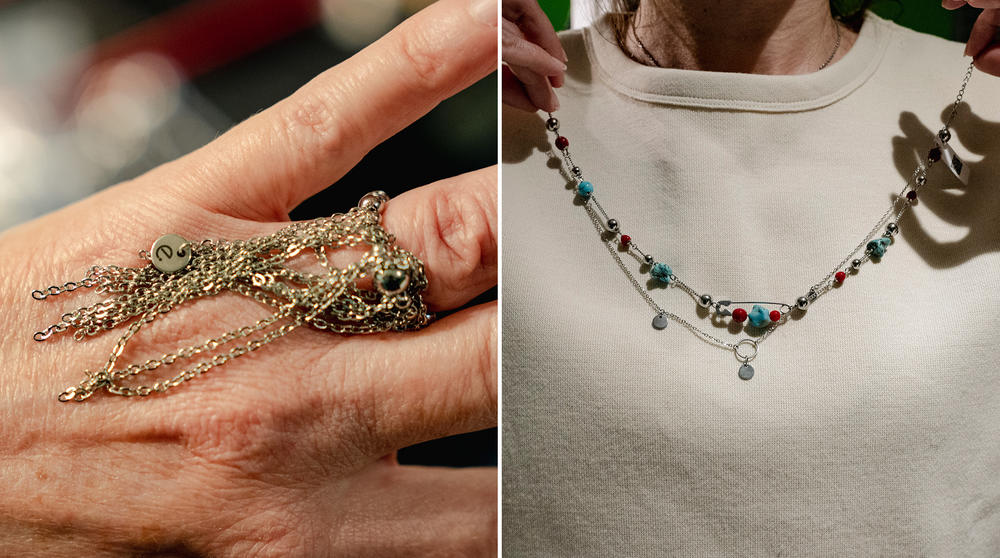 Left: Koliubaieva shows a new ring that she made in the basement where she lives in Arlington. Right: Koliubaieva shows one of her necklace designs.