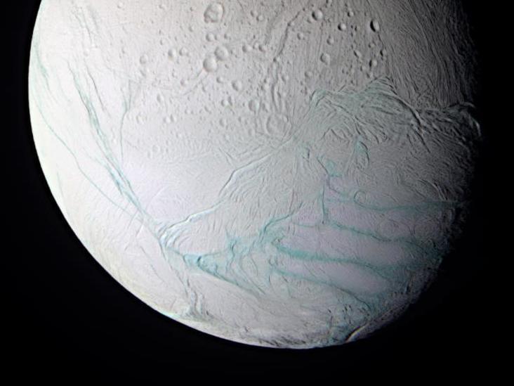 A probe that will land on Saturn's moon Enceladus, seen here in false color, is one of the priorities outlined in the new report.