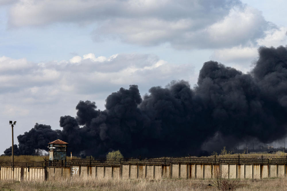 <strong>April 16:</strong> Smoke rises from an oil refinery in Lysychansk, about 75 miles north of Donetsk, in eastern Ukraine. Russia's military seems to be focused on seizing the eastern Donbas region, where Russian-backed separatists control the Donetsk and Lugansk areas.
