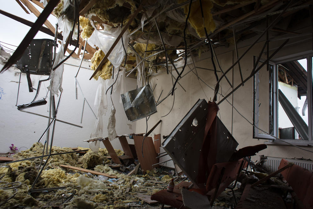<strong>April 16:</strong> A view inside the Jehovah's Witnesses church that was destroyed by shelling earlier in the area around Horenka, a suburb of Kyiv, Ukraine.