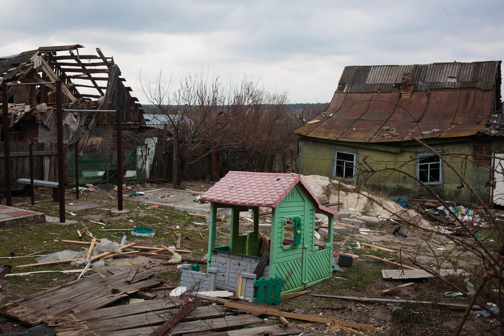 <strong>April 16:</strong> A view of a playhouse in a backyard in Horenka, Ukraine.
